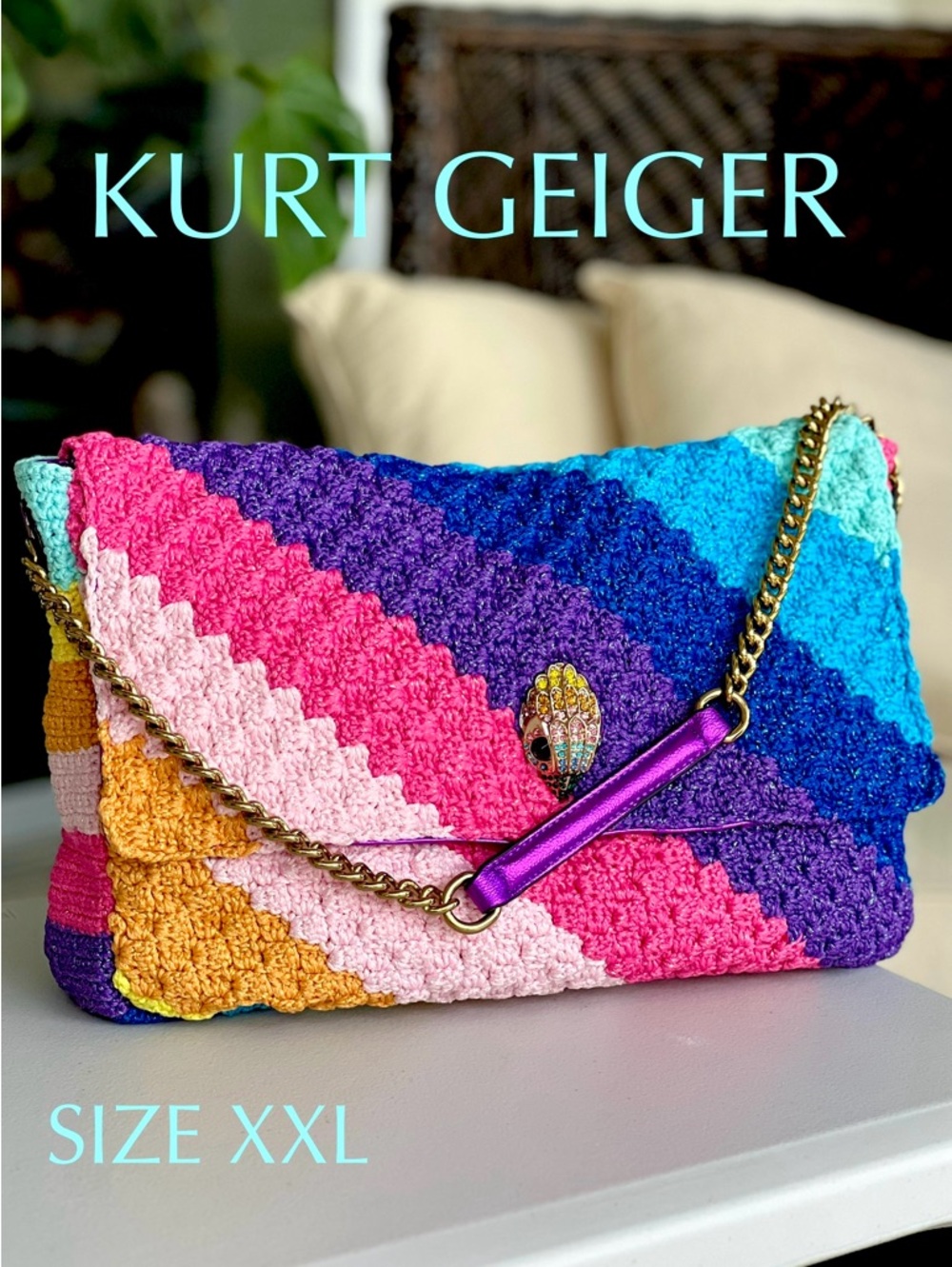 KURT GEIGER Kensington Lurex Crochet Rainbow XXL EXTRA LARGE SHOULDER bag NWT